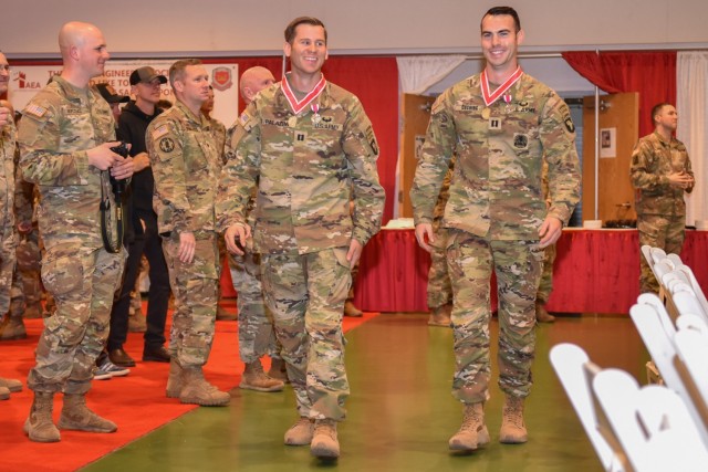Capts. Joseph Palazini and Matthew Cushing, with the 21st Brigade Engineer Battalion at Fort Campbell, Kentucky, are all smiles after being named the winners of the 2023 Best Sapper Competition during an awards ceremony Tuesday in Nutter Field House.