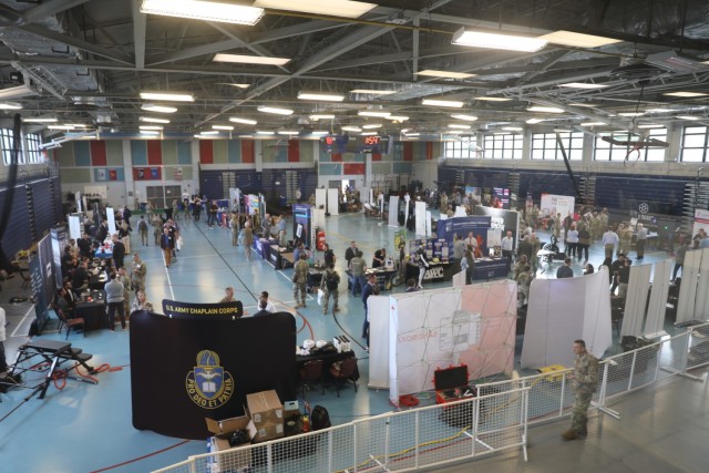 An overview of displays at the 2023 U.S. Army Holistic Health and Fitness Symposium, hosted by the U.S. Army Center for Initial Military Training at Fort Eustis, Va., April 25-26, 2023.