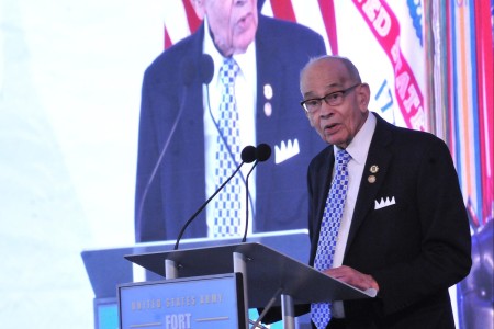 Retired Lt. Col. Arthur J. Gregg addresses the crowd during the Fort Gregg-Adams Redesignation Ceremony April 27 at the Gregg-Adams Club. More than 1,000 people were present for the event in addition to audiences at three viewing sites.