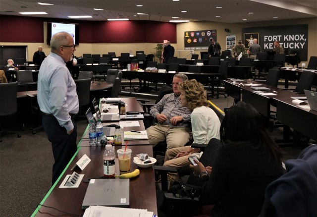 Fort Knox Casualty Assistance Center chief Dave Marcum converses with fellow CAC chiefs from around the globe April 27, 2023, about best practices during the annual training event.