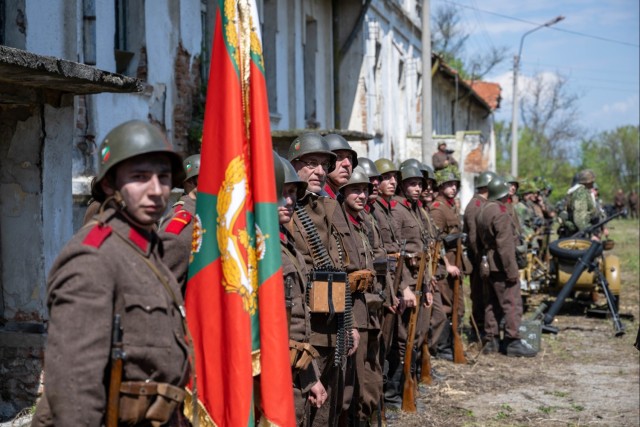 Bulgarian Volunteers stand in line after WWII reenactment