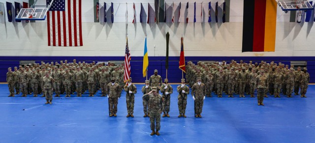 Authority over the Joint Multinational Training Group — Ukraine mission is transferred from Task Force Orion, 27th Infantry Brigade Combat Team, New York Army National Guard, to Task Force Bowie, 39th IBCT, Arkansas Army National Guard during a ceremony in Grafenwoehr, Germany, April 28, 2023. JMTG-U ensures the combat effectiveness of Armed Forces of Ukraine soldiers training on systems and equipment issued under the U.S. Presidential Drawdown Authority, and training in combined arms and joint maneuver. (U.S. National Guard photo by Staff Sgt. Israel Sanchez)