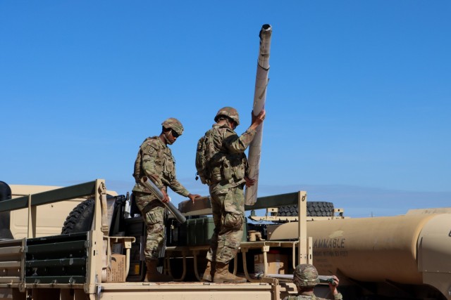 1st Cavalry Division Troops participating in the Warfighter 23-04 exercise load equipment on military vehicles during a command post jump. For younger Troops serving with division staff sections, this exercise was an opportunity to learn and understand how a division headquarters and staff would operate in a large-scale combat environment. 