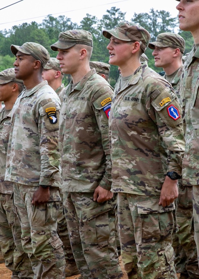 1st Lt. Anna Zaccaria, 100th Battalion, 442nd Infantry, shows off her newly acquired Ranger Tab after her Army Ranger School graduation ceremony at Fort Benning, GA, April 28, 2023.