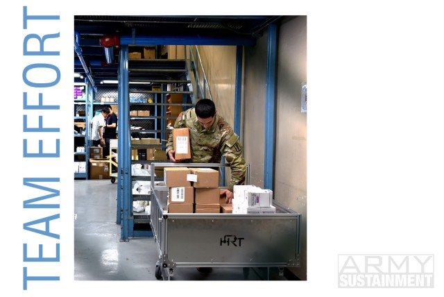 Soldiers and local nationals work together to stock life-saving medical supplies at the Army Medical Logistics Command’s medical materiel center June 23, 2022, in South Korea. 