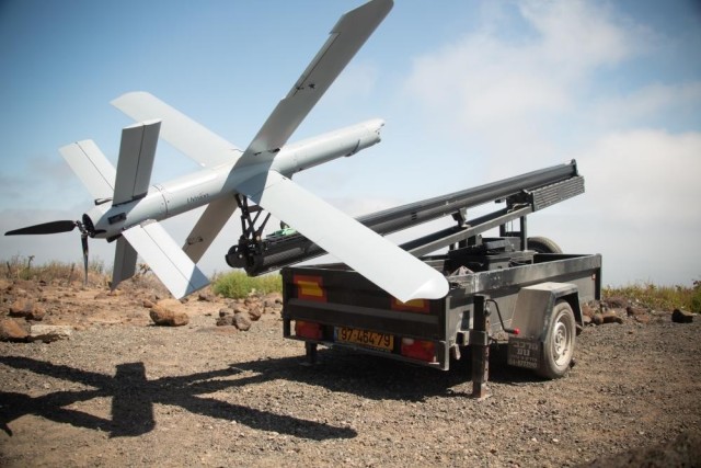A Marine Corps Hero-400 loitering munition drone is staged before flight May 25, 2022, at San Clemente Island, California. 