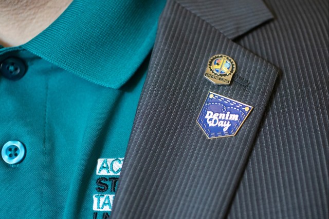 Col. Scott Kindberg proudly wears a &#34;Denim Day&#34; pin