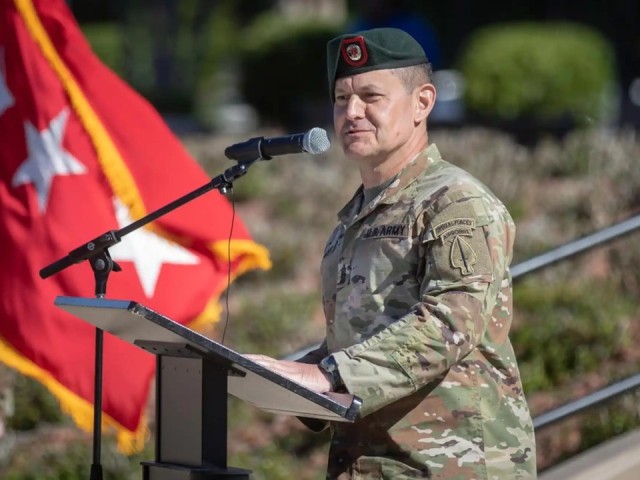 Command Sgt. Maj. Michael R. Weimer delivers remarks during the USASOC Change of Responsibility Ceremony on Meadows Field at USASOC Headquarters on Fort Bragg, North Carolina, May 1. Weimer’s next assignment is serving as the 17th Sergeant Major of the Army.

