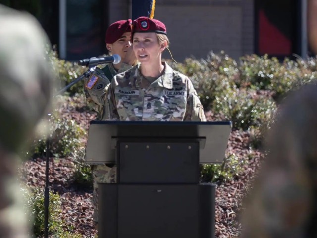Command Sgt. Maj. JoAnn Naumann assumes the duties as the USASOC command senior enlisted leader effective May 1, 2023. Naumann provides remarks during the USASOC Change of Responsibility Ceremony on Meadows Field at USASOC Headquarters on Fort Bragg, North Carolina, May 1.