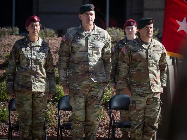Lt. Gen. Jonathan Braga, USASOC commanding general (center), officiated the Change of Responsibility Ceremony by bidding farewell to Command Sgt. Maj. Michael R. Weimer and welcoming Command Sgt. Maj. JoAnn Naumann as the incoming command sergeant major at USASOC HQ on Fort Bragg, N.C., May 1.
