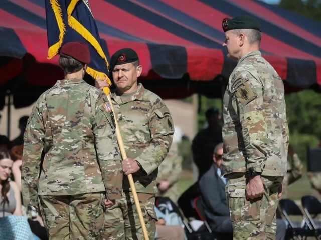 Command Sgt. Maj. Michael R. Weimer changes responsibility during an official ceremony on Meadows Field at USASOC Headquarters on Fort Bragg, North Carolina, May 1. Weimer’s next assignment is serving as the 17th Sergeant Major of the Army.
