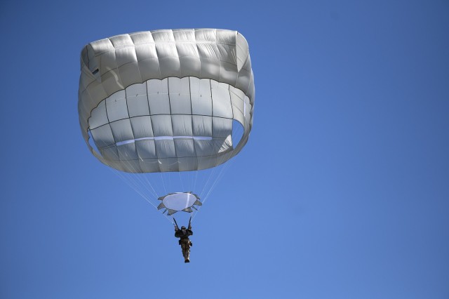 An airborne student prepares to make a parachute landing fall during the Basic Airborne Course at Fort Benning, Georgia, March 29. The three-week course teaches service members from every military branch how to safely conduct airborne operations.