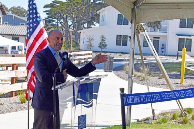 U.S. Representative Jimmy Panetta speaks during the grand opening ceremony for the Lower Stilwell housing development at Ord Military Community, Calif., April 13.