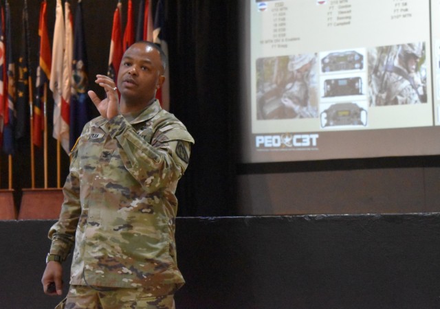 Col. Shermoan Daiyaan, project manager for Tactical Radios, PEO C3T, speaks to a Signal Captains Career Course at Fort Gordon on April 19. 
