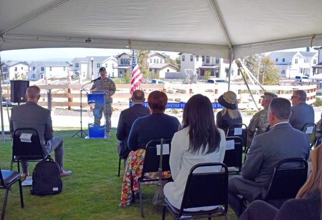 Col. Sam Kline, commander of USAG Presidio of Monterey, speaks during the grand opening ceremony for the new, energy-efficient Lower Stilwell housing development at Ord Military Community, Calif., April 13.