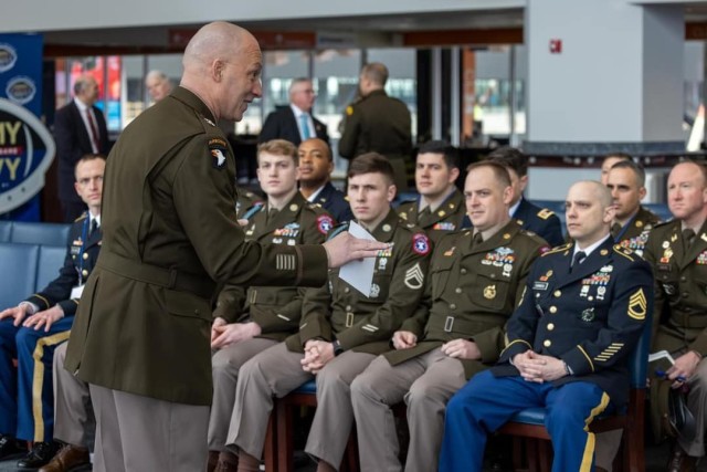 Maj. Gen. Johnny Davis, commander of U.S. Army Recruiting command, speaks with Soldiers during USAREC&#39;s visit with Rhode Island educators in April 2023. Williams recently outlined initiatives to help improve the quality of life for Army recruiters at an Association of the U.S. Army meeting on May 2, 2023. 