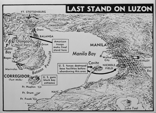 This section of the Philippine island of Luzon is where Allied and Filipino troops made their final stand against Japanese invaders in 1942. The map shows the Bataan Peninsula-Corregidor-Manila area where U.S. and Japanese forces clashed.