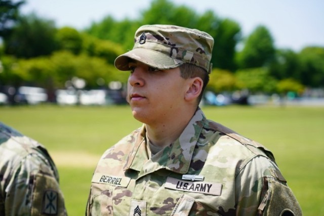 Staff Sgt. Julian Berriel, Expert Soldier Badge awardee, assigned to the 35th Combat Sustainment Support Battalion, 10th Support Group, waits to be congratulated after being awarded the ESB on April 28, 2023, on at Sagami General Depot. The...