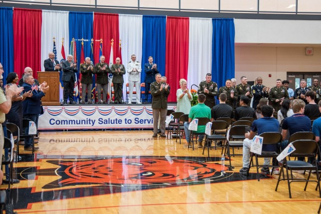 Fort Leonard Wood senior leaders and Missouri dignitaries applaud future service members from high schools across South-Central Missouri at the 2022 Community Salute to Service. This year’s event is set for 6 p.m. Wednesday at Waynesville High School. 