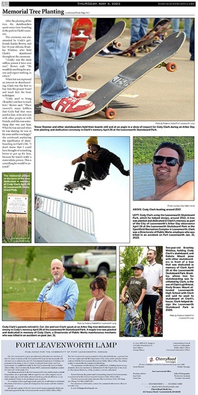 Memorial tree planted for Cody Clark at Skateboard Park