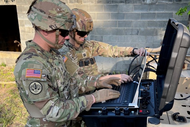 Staff Sgt. Jarrod Rutland and Capt. Paulina Montgomery, 1st Space Brigade, prepare the MRZR vehicle with the SEEKr, a newer small form factor prototype, to support and move tactically for the Ranger Regiment raid during the U.S. Army Special...