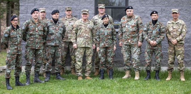 U.S. Army Maj. Gen. Gregory Knight, the adjutant general of the Vermont National Guard, visited with soldiers from North Macedonia training at the Ethan Allen Firing Range, Jericho, Vermont, April 25, 2023. The North Macedonia soldiers come from engineering units and the Krivolak Training Area in Macedonia.