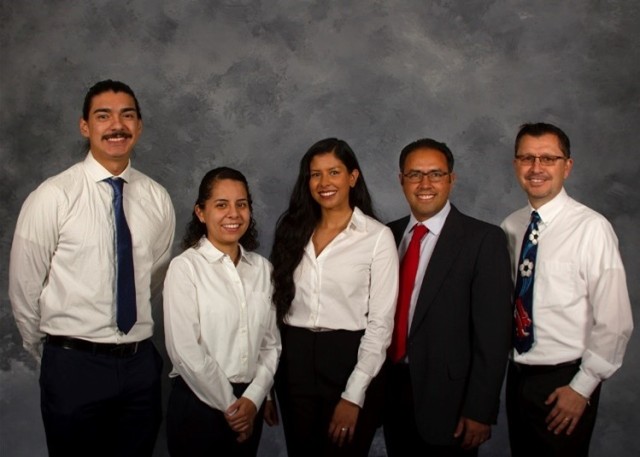 (From left to right: Sebastian Quinones, Diana Ramirez, Herandy Vasquez, Dr. Oscar Perez and Juan Ulloa) Senior Capstone DAC Analysts pose for a group picture to commemorate a nomination package for the League of United Latin Americans.