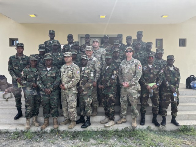 Security Assistance Training Management Company’s Sgt. 1st Class Griffin Perry, Sgt. 1st Class Robert Wells, Sgt. 1st Class Robert Blackburn, and Sgt. 1st Class Tyler Price, former drill sergeants and an Advanced Individual Training platoon sergeants, conducted an instructor course at the Edward Binyah Kesselly barracks in Liberia March to April 2023. Twenty-four soldiers, private to first sergeant, from the Armed Forces of Liberia (AFL) attended the course. The course consisted of instruction techniques, tactical combat casualty care, land navigation, physical readiness training (PRT), and drill and ceremony modules. Upon completion of these classes, AFL students instructed PRT each day and utilized the eight-step training model to prepare classes and brief plans. The SATCO instructors observed, critiqued, and validated the students. Many of the AFL Soldiers will become instructors at the Liberian Basic Leader Course.