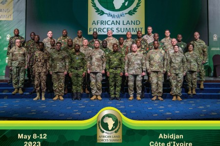 Senior enlisted leaders pose for a group photo at the opening of the African Land Forces Summit 2023 in Abidjan, Côte d&#39;Ivoire, May 8, 2023. African Land Forces Summit 2023 brings together senior land forces leaders from across Africa and other partner nations to solidify relationships, exchange information on current topics of mutual interest and encourage cooperation in addressing challenges. 