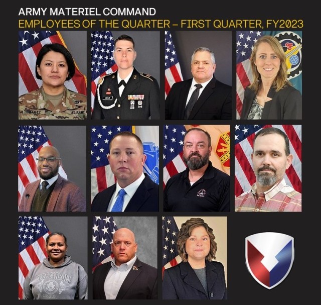 From left, Lt. Col. Perilla B. Swartz – Headquarters, Army Materiel Command; Staff Sgt. Kelsey LaHue – Army Contracting Command; Scott Carbaugh – Army Aviation and Missile Command; Shannon Nielsen – Army Sustainment Command; Jason Johnson – Army Communications-Electronics Command; Charles Harrison – Army Chemical Materials Activity; Brian Kornegay – Installation Management Command; Laren Robison – Joint Munitions Command; Tanya Leach – Military Surface Deployment and Distribution Command; Leo Munday – Tank-automotive and Armaments Command; Leo Munday – Tank-automotive and Armaments Command. (U.S. Army photo illustration by Alyssa Crockett)