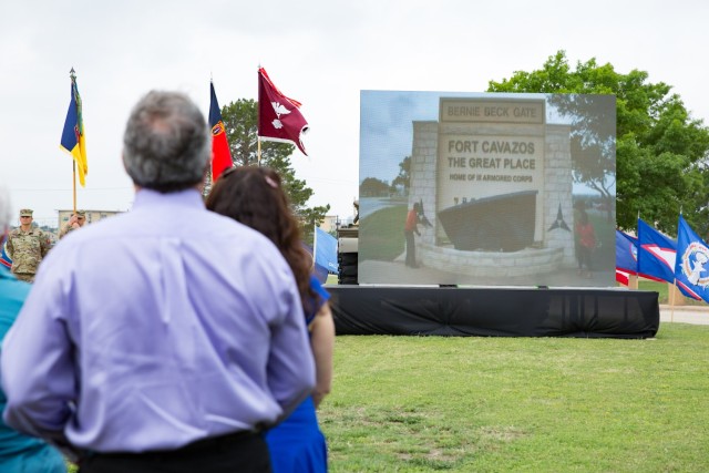 The Cavazos family watches as the banner falls from the Bernie Beck Main Gate sign which now reads &#34;Fort Cavazos&#34; during the Installation Redesignation Ceremony May 9, 2023, at Fort Cavazos. &#34;Now, given the importance of this installation for our Army and for our nation, I can think of no better namesake than General Richard Cavazos,&#34; said Lt. Gen. Sean C. Bernabe, III Armored Corps and Fort Cavazos commanding general. (U.S. Army photo by Blair Dupre, Fort Cavazos Public Affairs)