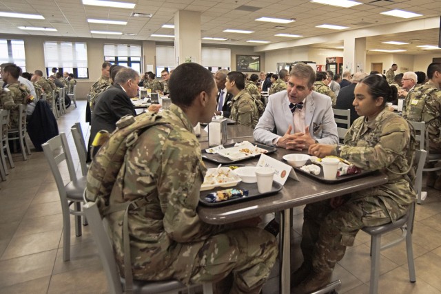 Jason Allen, a CASA for Michigan (North), speaks with trainees today during a lunch event at the Bldg. 6111 dining facility. About 100 CASAs, as they’re called, are here this week to attend their national conference. CASAs are business and community leaders appointed by the Secretary of the Army to advise and support Army leaders across the country. 