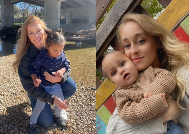 Sgt. Kathryn Daniels, an Army Stryker mechanic and single mom, takes photos with her daughter, Isabella, and her son, Tiago. 