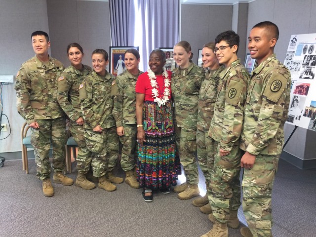 Retired Brig. Gen. Clara Leach Adams-Ender poses for a photo with Army nurses following a guest speaking engagement at an Army nurse anniversary celebration in 2018.  She was inducted into the Army Women&#39;s Hall of Fame in 2019. 