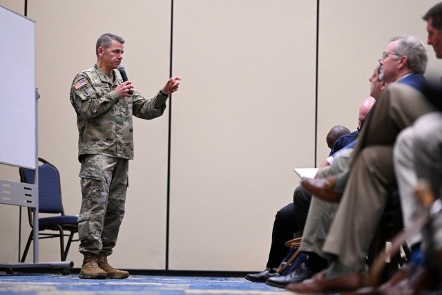 Brigadier General Guillaume &#34;Will&#34; Beaurpere, Commanding General, U.S. Army John F. Kennedy Special Warfare Center and School, (USAJFKSWCS) speaks at an Irregular Warfare Forum at the Iron Mike Conference Center at Ft. Bragg, North Carolina May 2, 2023. USAJFKSWCS co-hosted the annual event with the National Defense University to focus on this year’s topic “Getting to How: Organizing and Educating for Irregular Warfare,” and for students in the Joint Special Operations Masters of Arts program to present their theses to top educators and senior military leaders. (U.S. Army photo by K. Kassens)