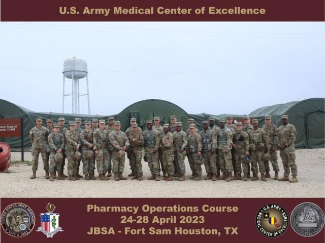 22 students and 18 instructors participated in the 2023 Pharmacy Operations Course from April 20-24 at Camp Bullis, TX to prepare for deployment readiness. The course focused on deliberate medical planning, logistics and facilities coordination, and proficiency in critical skills to ensure a capable and ready support force. (Courtesy photo).