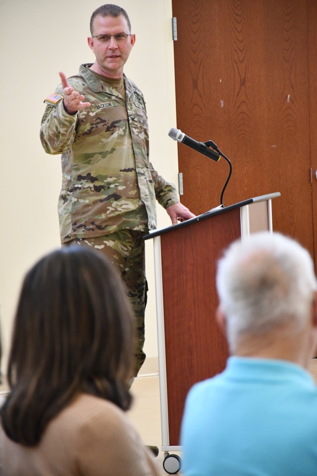 Col. Rodger (Dale) Jackson, incoming Central Medical Area Readiness Support Group commander, presents his remarks at the CEMARSG change of command ceremony held at Fort Sheridan, Illinois May 7, 2023.