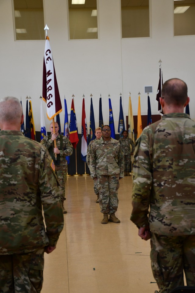 Col. Larry (Jeff) Luedeman, outgoing Central Medical Area Readiness Support Group commander (left) and Col. Rodger (Dale) Jackson, incoming CEMARSG commander (right) address the formation at the CEMARSG change of command ceremony held at Fort Sheridan, Illinois May 7, 2023.