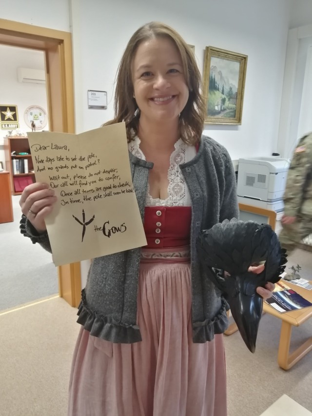 Deputy Garrison Manager, Laura Hemming receives a ransom note
inside a crow mask.