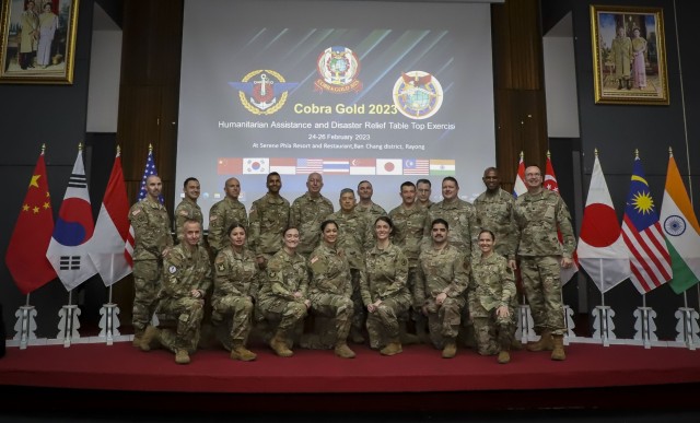 U.S. Soldiers and Airmen with the Washington Army and National Guard attend a humanitarian assistance disaster relief tabletop exercise as part of Exercise Cobra Gold Feb. 26, 2023, in Rayong province, Thailand. Cobra Gold, now in its 42nd year, is a Thai-U.S. sponsored training event that builds on the longstanding friendship between the two allied nations and brings together a robust multinational force to promote regional peace and security in support of a free and open Indo-Pacific.
