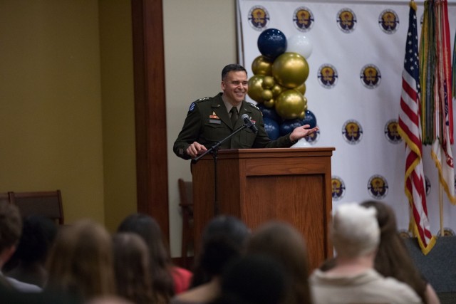 Lt. Gen Sean C. Bernabe speaks to the scholarship recipients during the scholarship award ceremony May 11, 2023. (U.S. Army photo by Blair Dupre, Fort Cavazos Public Affairs)