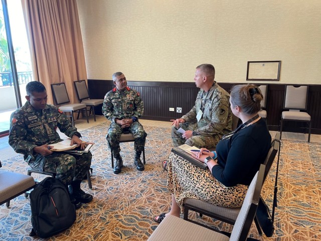 (Second from right) U.S. Army Security Assistance Command&#39;s Col. Eric Christiansen, INDOPACOM/SOUTHCOM/NORTHCOM Regional Operations Director, and INDOPACOM Division Chief Tracy Engler (FAr right) met with representatives from the Maldives during the 2023  AUSA LANPAC Symposium. LANPAC is an annual, international symposium and exhibition dedicated to land forces in the Indo-Pacific. It is an opportunity to formally and informally engage with Foreign Military Sales partners and discuss current and future programs. This year&#39;s conference took place May 16–18 in Honolulu, Hawaii. &#34;Bilateral engagements with customers are an important touchpoint for the Army Security Assistance Enterprise and demonstrate USASAC’s commitment to the customer,&#34; said Engler. 
