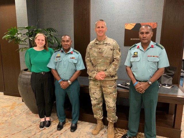 U.S. Army Security Assistance Command&#39;s Col. Eric Christiansen (second from right), INDOPACOM/SOUTHCOM/NORTHCOM Regional Operations Director, and INDOPACOM Division Chief Tracy Engler (not pictured)  met with representatives from the Maldives during the 2023  AUSA LANPAC Symposium. LANPAC is an annual, international symposium and exhibition dedicated to land forces in the Indo-Pacific. It is an opportunity to formally and informally engage with Foreign Military Sales partners and discuss current and future programs. This year&#39;s conference took place May 16–18 in Honolulu, Hawaii. &#34;Bilateral engagements with customers are an important touchpoint for the Army Security Assistance Enterprise and demonstrate USASAC’s commitment to the customer,&#34; said Engler. Also in attendance was USASAC Country Program Manager-Forward Stephanie Yawn (left), who held discussions with Indo-Pacific partner nation representatives.