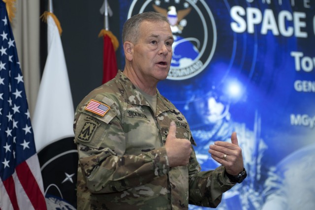 Army Gen. James Dickinson, U.S. Space Command commander, speaks to members of the Joint Task Force-Space Defense during a town hall at Schriever Space Force Base, Colorado, Jan. 17, 2023.  On May 16, 2023, Dickinson spoke about the importance of integration with partner nations to help achieve all-domain dominance at the 2023 LANPAC symposium in Honolulu. 