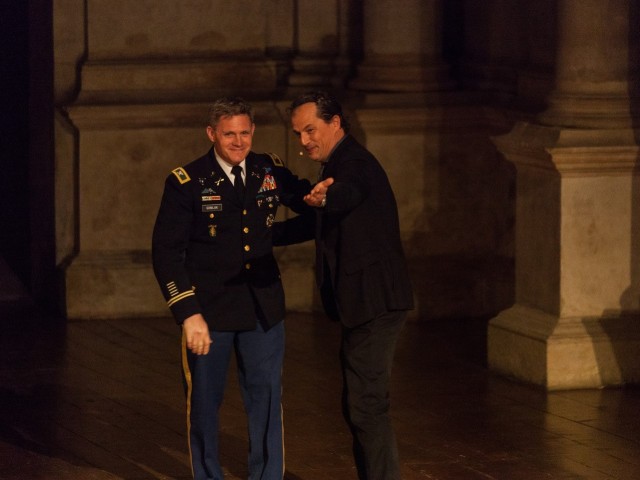 VICENZA, Italy - Teatro Olimpico artistic director Giancarlo Marinelli introduces Col. Matthew Gomlak, commander, U.S. Army Garrison Italy, to deliver remarks at the show presentation of the 76th edition of the Classic Plays in Vicenza May 3. (Courtesy photo)