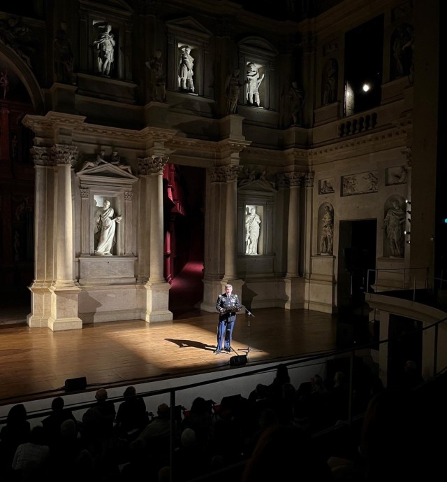 VICENZA, Italy -  Col. Matthew Gomlak, commander, U.S. Army Garrison Italy, delivers remarks at the show presentation of the 76th edition of the Classic Plays at the Teatro Olimpico, Vicenza, Italy, May 3. (Courtesy photo)