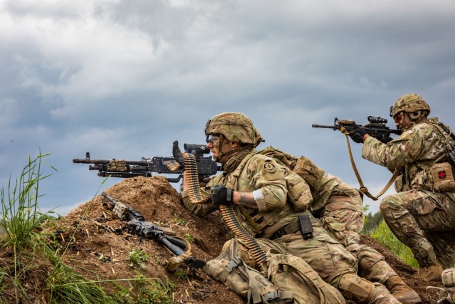 U.S. Army Soldiers assigned to Kronos Troop, 3rd Squadron, 2nd Cavalry Regiment, NATO Multinational Division Northeast, engage simulated targets during an exercise Griffin Shock 23 live-fire rehearsal training event in Bemowo Piskie, Poland, May 15, 2023. As the framework nation in Poland, Exercise Griffin Shock demonstrates the U.S. Army’s ability to assure the NATO alliance by rapidly reinforcing the NATO Battle Group Poland to a brigade size unit.