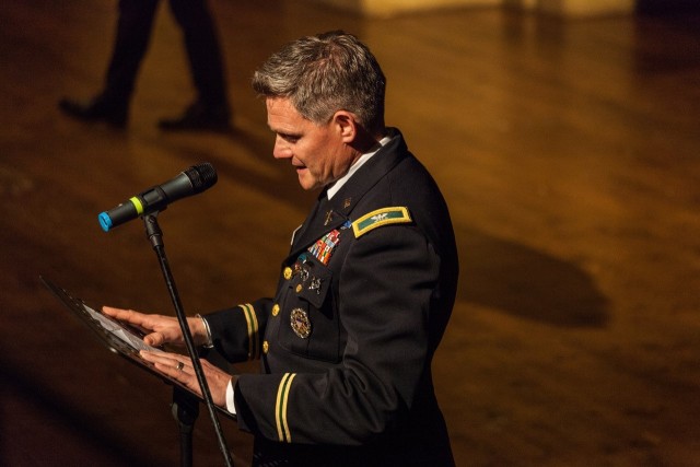 VICENZA, Italy - Col. Matthew Gomlak, commander, U.S. Army Garrison Italy, delivers remarks at the show presentation of the 76th edition of the Classic Plays at the Teatro Olimpico, Vicenza, Italy, May 3. (Courtesy photo) 