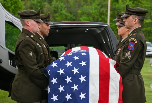 New York National Guard Honor Guard Soldiers receive the remains of 1st Lt. John Thomas, a World War II Army Air Forces pilot killed in 1943, at the Rose Cemetery in North Rose, New York, May 20, 2023. Thomas was killed in action during a bombing...