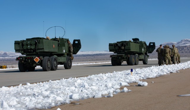 Two HIMARS are staged for a live-fire exercise in Utah Feb.2,2023. This reoccurring exercise, called Scarlet Dragon, is a continuation of each U.S. military branch’s plan to modernize and test systems to ensure we continue to be interoperable and maintain our lethality.